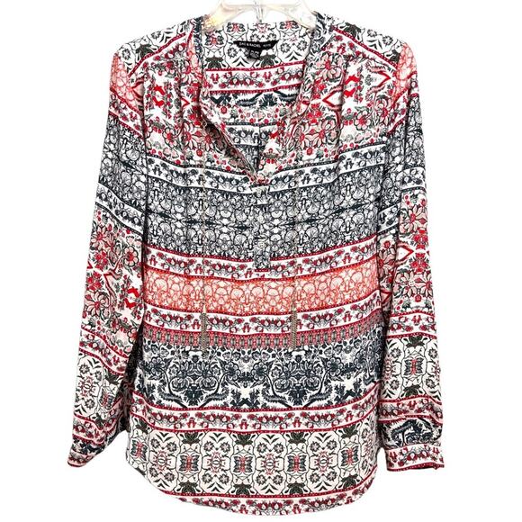 Zac & Rachel Tops - Zac & Rachel Womens Top Size Petite L white black salmon work wear metal tassel